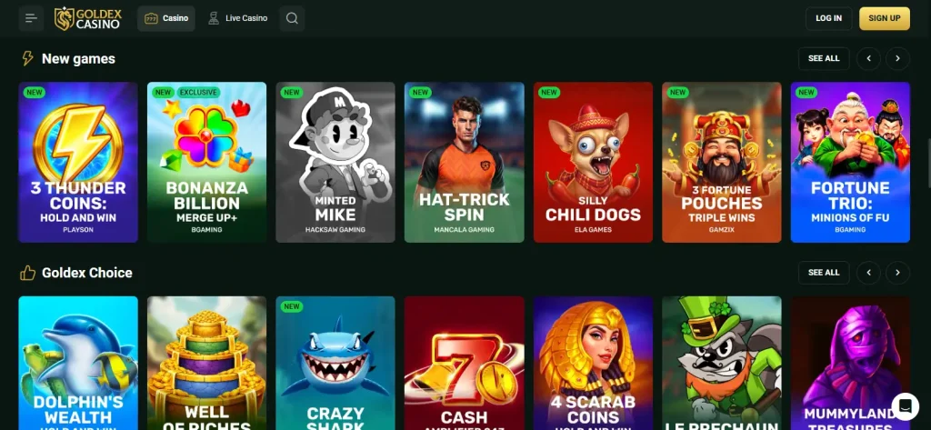 Goldex Casino game lobby with current categories