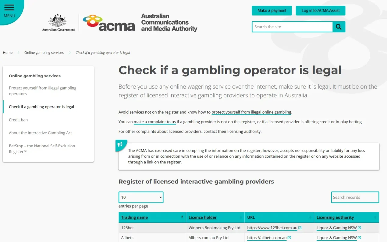 ACMA guidance for checking whether a gambling operator is legal in Australia