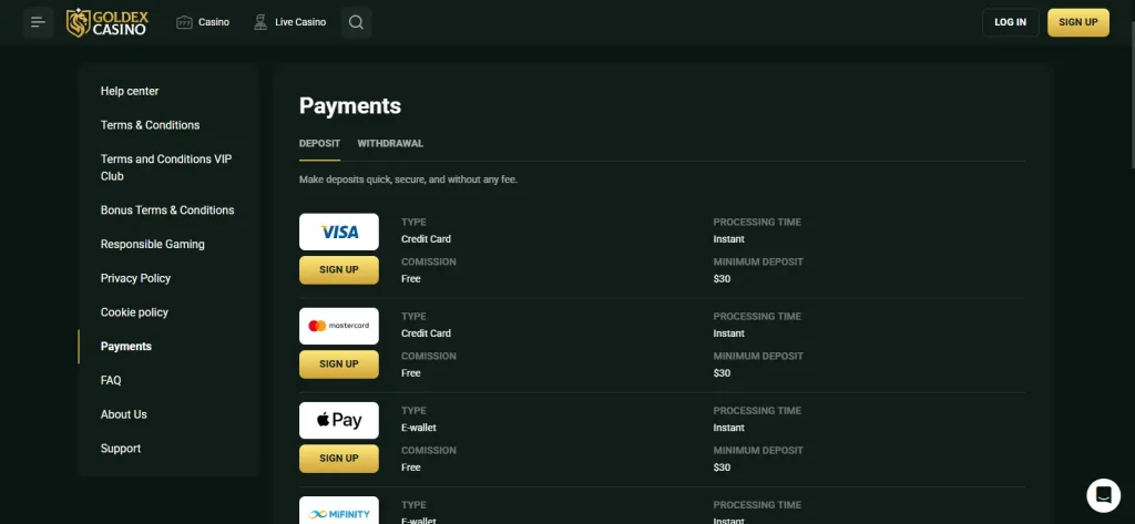 Goldex Casino payments table