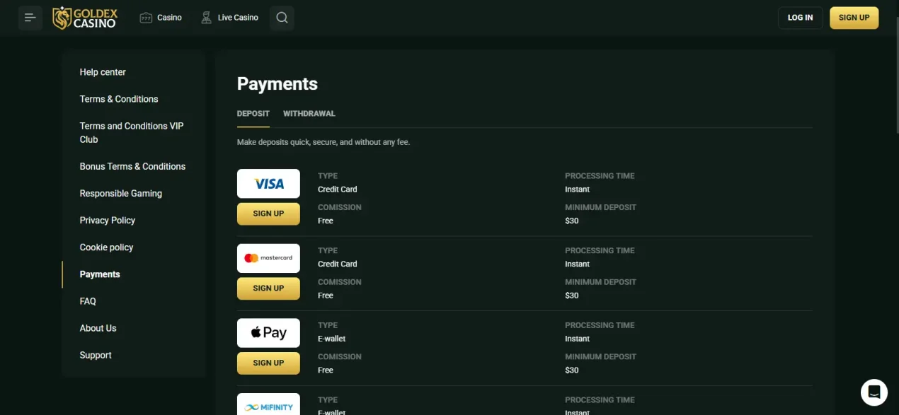 Goldex Casino payments table