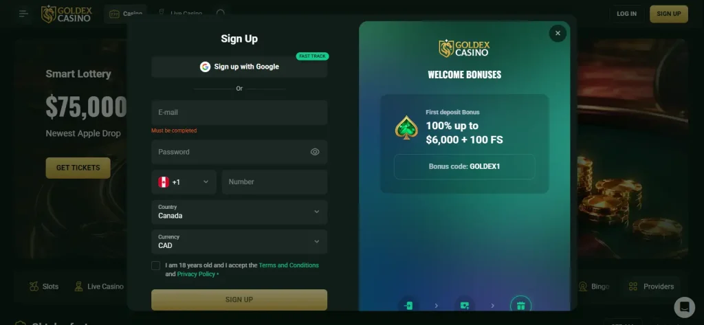 Goldex Casino registration screen