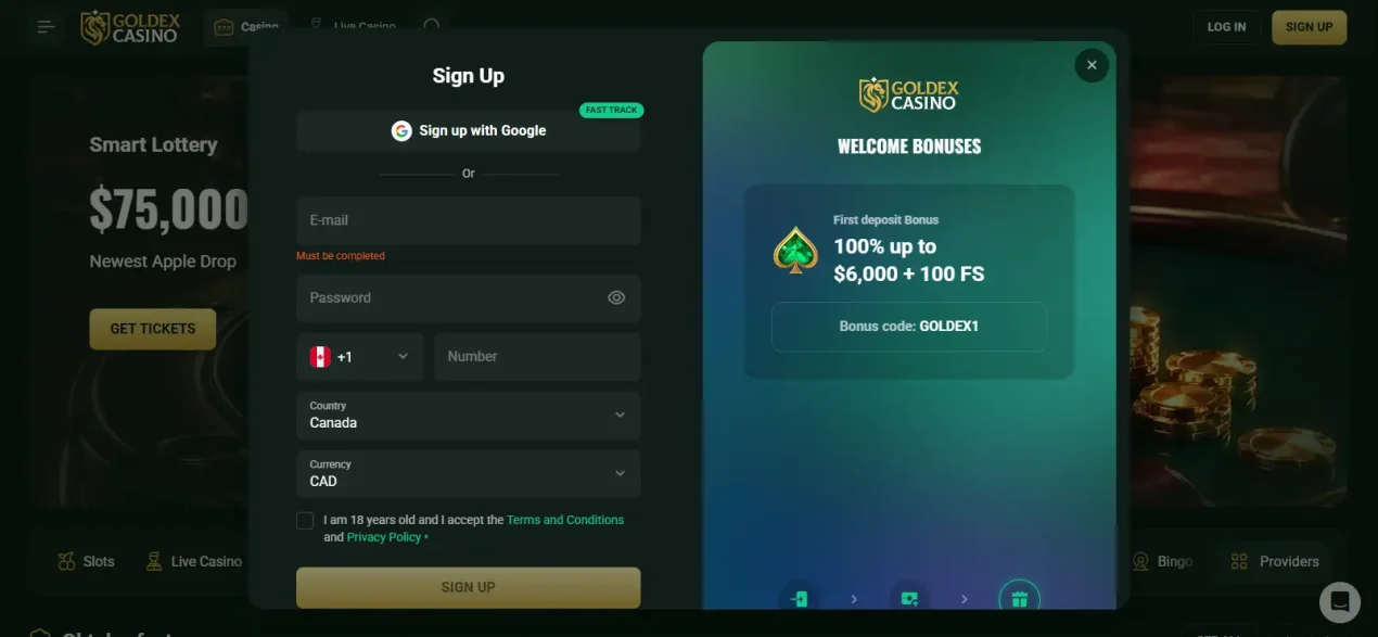 Goldex Casino registration screen