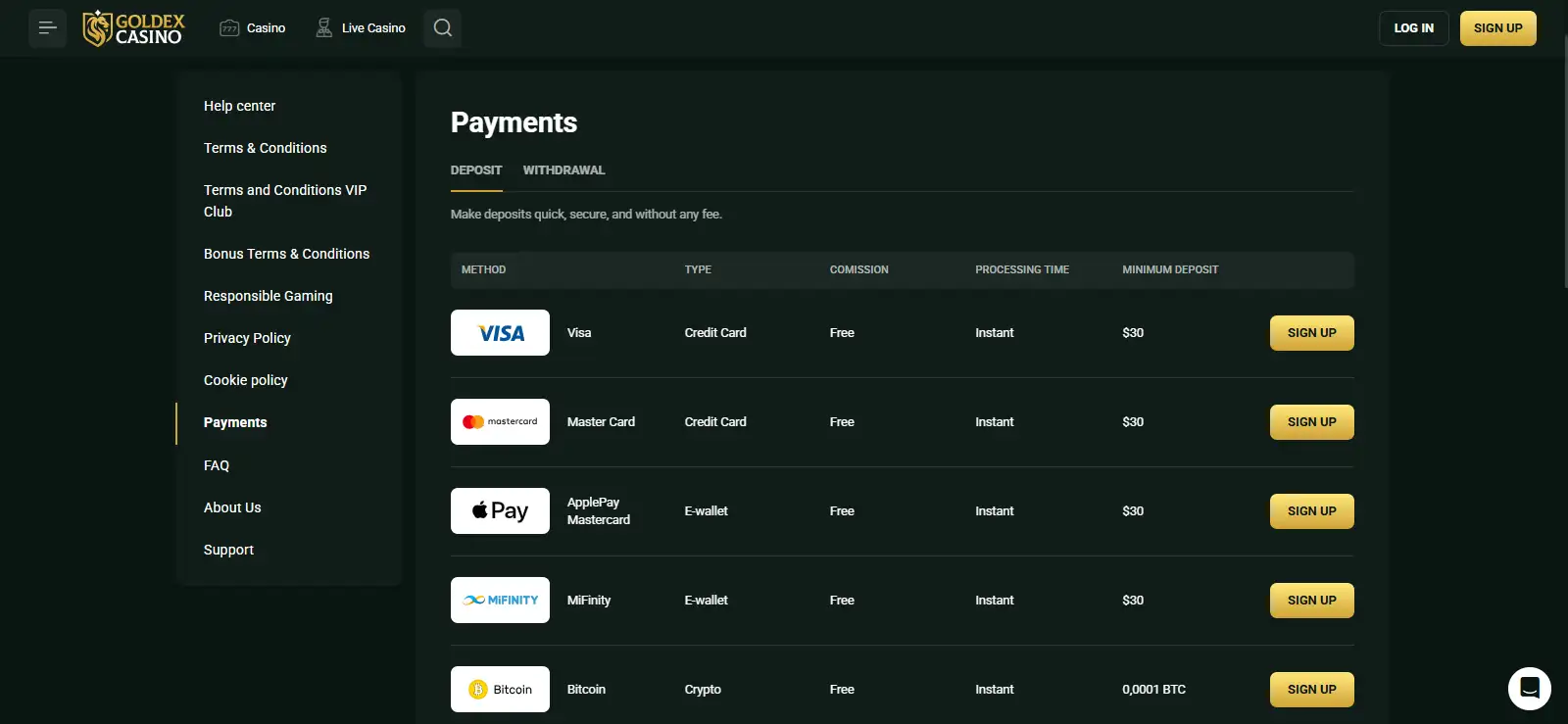 Goldex Casino payments page showing available payment categories